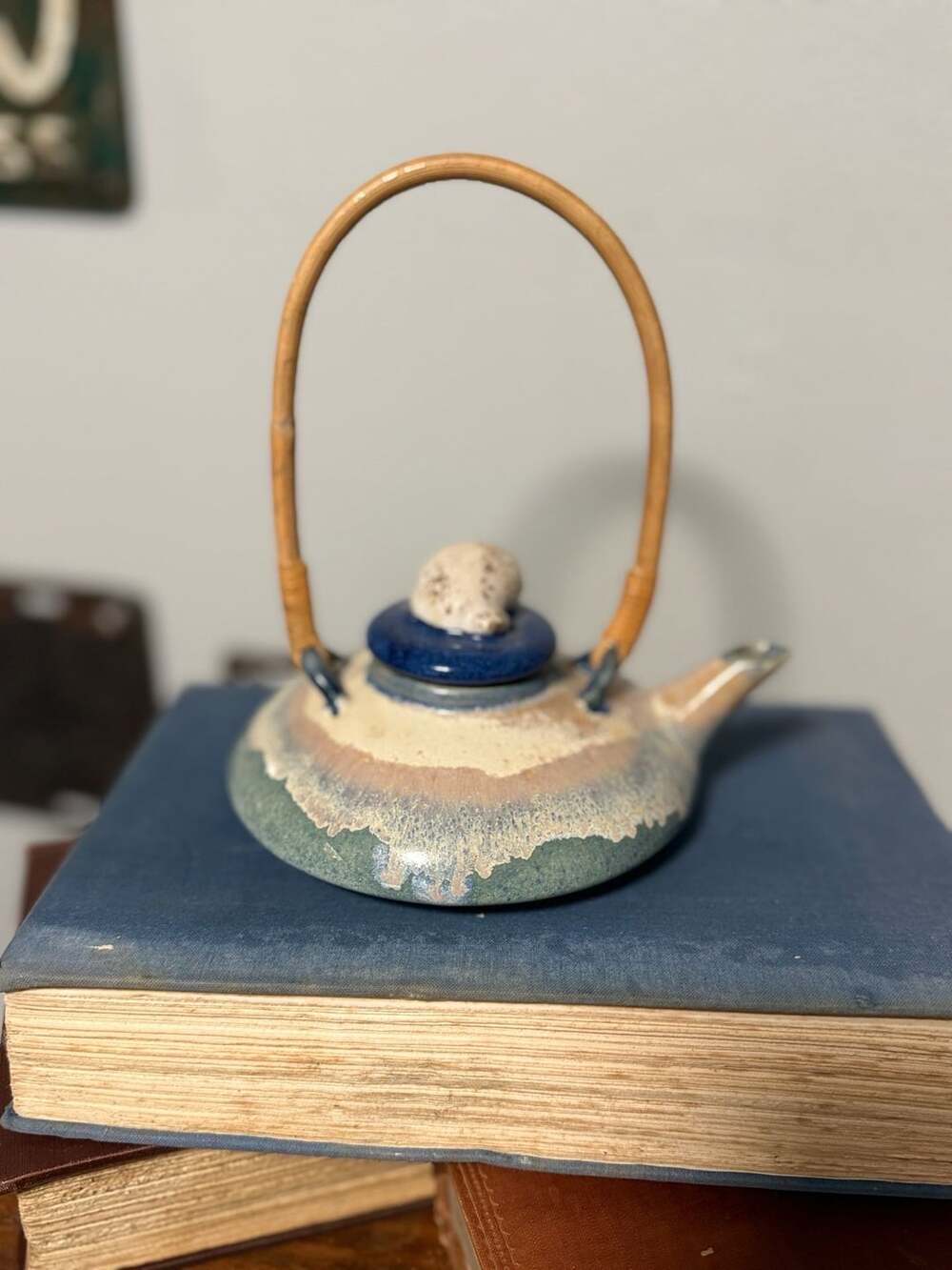 Handmade Studio Art Pottery Teapot with Bamboo Handle and Seashell Finial